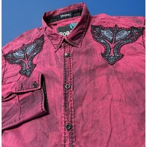 Roar Signature Shirt Western Rock Crimson Button Up Embroidered Shirt XL Y2K